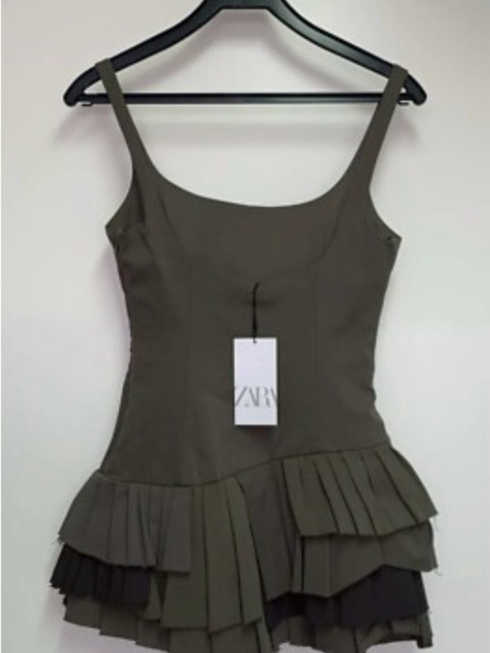 ZARA Olive Tiered Pleated Mini Dress